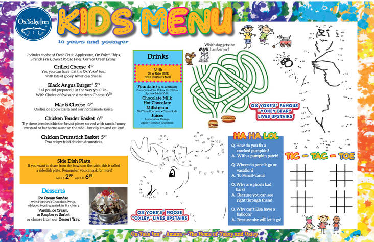 Children's Menu - Ox Yoke Inn, Amana Colonies Best Restaurant